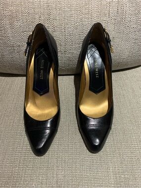Nine West Black Leather Pointed-Toe Heels with Buckle Strap